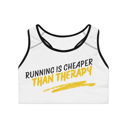 Running Is Cheaper Than Therapy Sports Bra — Motivational Racerback Activewear
