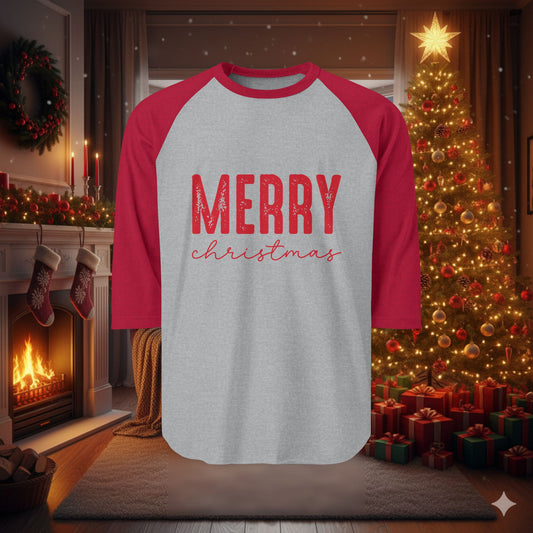 Merry Christmas Raglan Shirt — Red Sleeve Holiday Baseball Tee